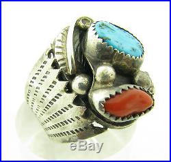 Vintage Sterling Silver Navajo Gallup Turquoise & Coral Heavy Mens Ring Sz 11