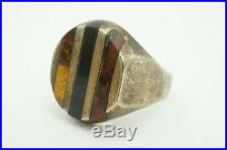 Vintage Sterling Silver Tigers Eye And Onyx Inlay Mens Ring Size 10.75