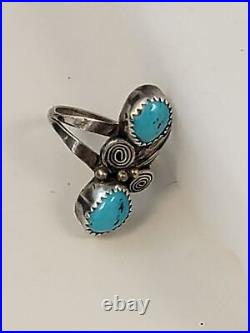 Vintage Sterling Silver Turquoise Ring Navajo Double Turquoise Unisex Size 7.5