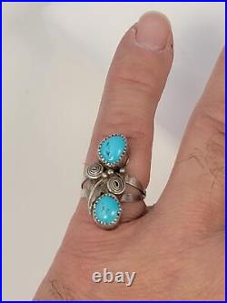 Vintage Sterling Silver Turquoise Ring Navajo Double Turquoise Unisex Size 7.5