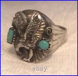 Vintage Sterling Southwest Tribal Turquoise Eagle Ring Men Size 12.5 16.6g