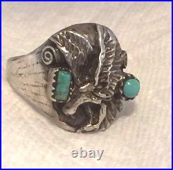 Vintage Sterling Southwest Tribal Turquoise Eagle Ring Men Size 12.5 16.6g