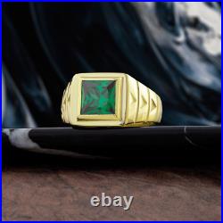 Vintage Style Men's 2Ct Princess Emerald Engagement Ring 14k Yellow Gold Plated