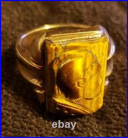 Vintage Tigers Eye Cameo Mens Ring 12K Yellow Gold Art Deco Roman Warrior