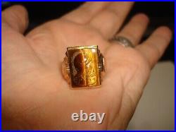 Vintage Unique 10k Gold Cameo Tiger Eye Mens Signet Pinky Ring Size 10.5