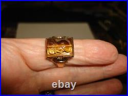 Vintage Unique 10k Gold Cameo Tiger Eye Mens Signet Pinky Ring Size 10.5