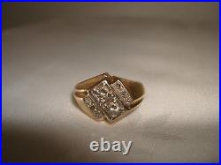 Vintage Unique Diamond I G B 14k Yellow Gold Men's Gypsy Signet Ring Size 10
