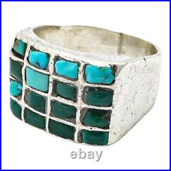 Vintage Unmarked Silver Turquoise Inlay Large Ring Size 8.5 Native American Zuni