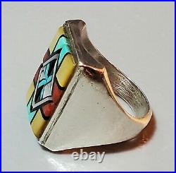 Vintage Yelma Natachu Zumi Sterling Silver Turquoise, Coral, Shell Mens Ring