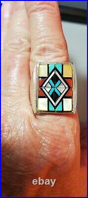Vintage Yelma Natachu Zumi Sterling Silver Turquoise, Coral, Shell Mens Ring