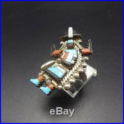 Vintage ZUNI Sterling Silver RAINBOW MAN Turquoise & Coral Inlay RING, size 8.5