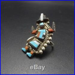 Vintage ZUNI Sterling Silver RAINBOW MAN Turquoise & Coral Inlay RING, size 8.5
