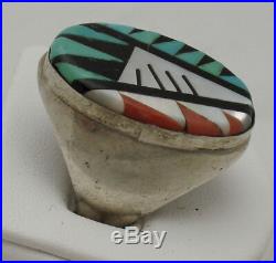 Vintage Zuni Turquoise Coral Onyx Mop Inlay Sterling Silver Men Ring Size 9.75