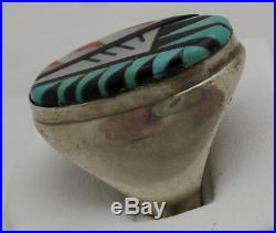 Vintage Zuni Turquoise Coral Onyx Mop Inlay Sterling Silver Men Ring Size 9.75
