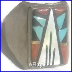 Vintage Zuni Turquoise Lapis Native American Men Sterling Silver Ring Size 10.75