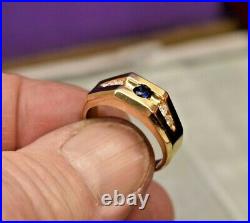 Vintage men's 14K yellow gold natural blue sapphire diamond ring sz 8