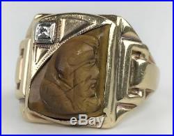 Vtg 10k Gold Diamond Intaglio Tigers Eye Cameo Roman Warrior Mens Ring Sz 8.5
