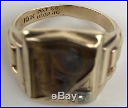 Vtg 10k Gold Diamond Intaglio Tigers Eye Cameo Roman Warrior Mens Ring Sz 8.5