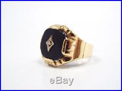 Vtg 14K Yellow Gold Design Black Onyx & Small Diamond Men's Signet Ring, size 9