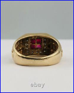 Vtg 14K Yellow Gold Princess Cut Natural Ruby & Diamond Rolex Design Men's Ring