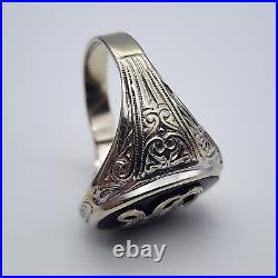 Vtg 14k White Gold Black Onyx S Initial Ornate Men's Signet Ring Size 10 1/8