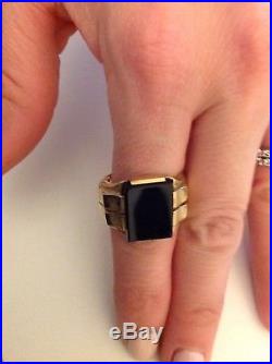 Vtg Antique 10k Gold black onyx Ring Carved Size 11 mens