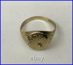 Vtg HM 9ct 9k Gold Mens Gents Engraved Oval Signet Ring Missing Diamond Size R