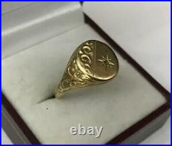 Vtg HM 9ct 9k Gold Mens Gents Engraved Oval Signet Ring Missing Diamond Size R