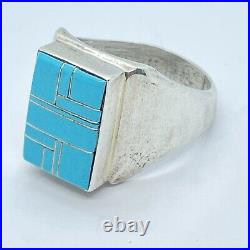 Vtg Zuni Inlay Sleeping Beauty Turquoise Men's Ring Sz11 Sterling Signed 12g