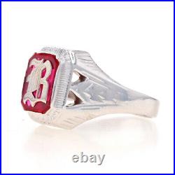 White Gold Lab-Created Ruby Art Deco Initial B Men's Ring 14k Letter Vintage