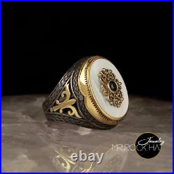 White Pearl Natural Genuine, Rhodium&Gold Plated, Art Vintage, 925 Silver Mens Ring