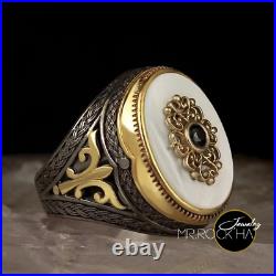 White Pearl Natural Genuine, Rhodium&Gold Plated, Art Vintage, 925 Silver Mens Ring