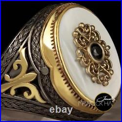 White Pearl Natural Genuine, Rhodium&Gold Plated, Art Vintage, 925 Silver Mens Ring