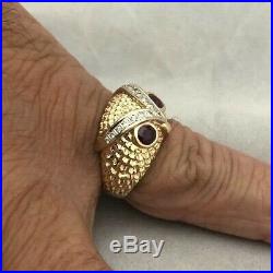 Wow 14k Yellow Gold Vintage Estate Owl Head Ruby Diamond Mens Pinky Ring