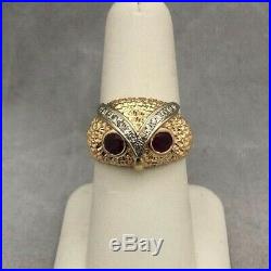 Wow 14k Yellow Gold Vintage Estate Owl Head Ruby Diamond Mens Pinky Ring