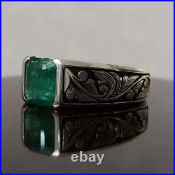 Xmas Gift Indian Emerald Zamurd Sterling Silver Ring Natural Emerald Ring Mens