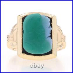 Yellow Gold Banded Agate Vintage Men's Ring 10k Cameo Ancient Warrior Milgrain