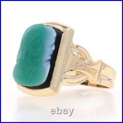 Yellow Gold Banded Agate Vintage Men's Ring 10k Cameo Ancient Warrior Milgrain