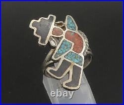 ZUNI NAVAJO 925 Silver Vintage Turquoise Onyx & Coral Ring Sz 8.5 RG22893